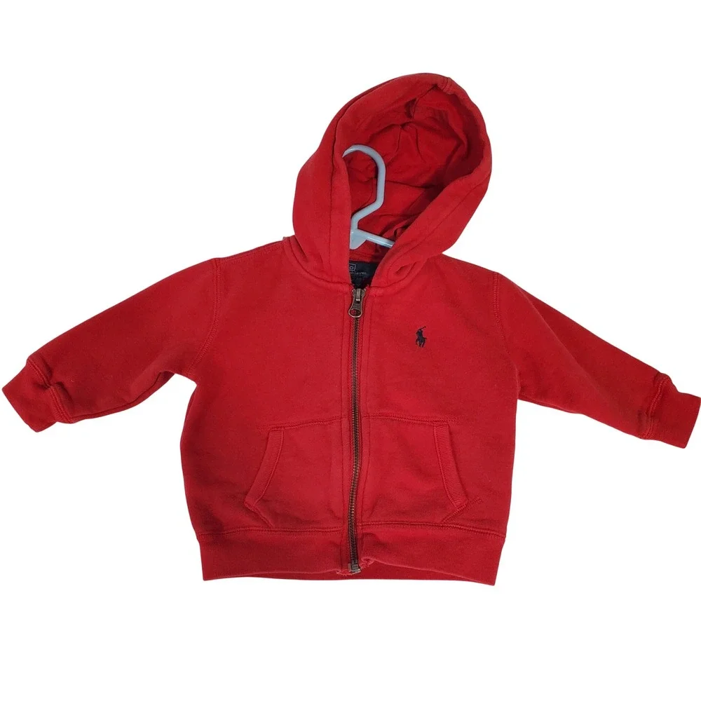 Polo Ralph Lauren Baby Boy Red Full Zip Fleece Hoodie Sweatshirt 9M Navy Pony